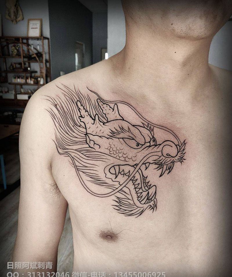 龙头纹身图片_胸部新传统纹身图案