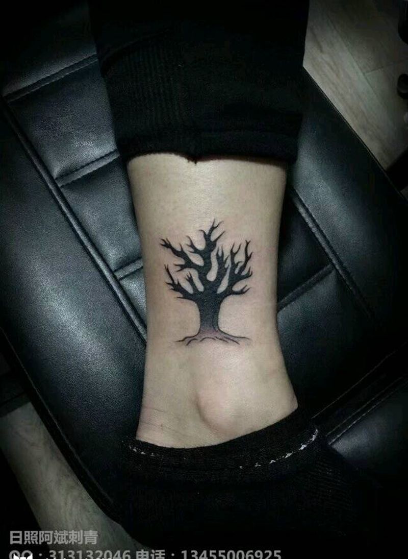 树纹身图片_腿部清新植物成品纹身图案