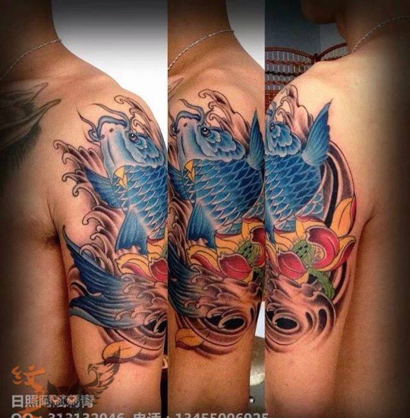 鲤鱼纹身图片_成品肩部传统动物纹身图案