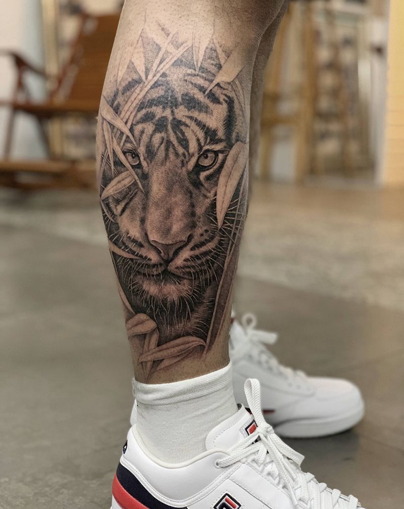 老虎纹身图片_腿部点刺纹身图案