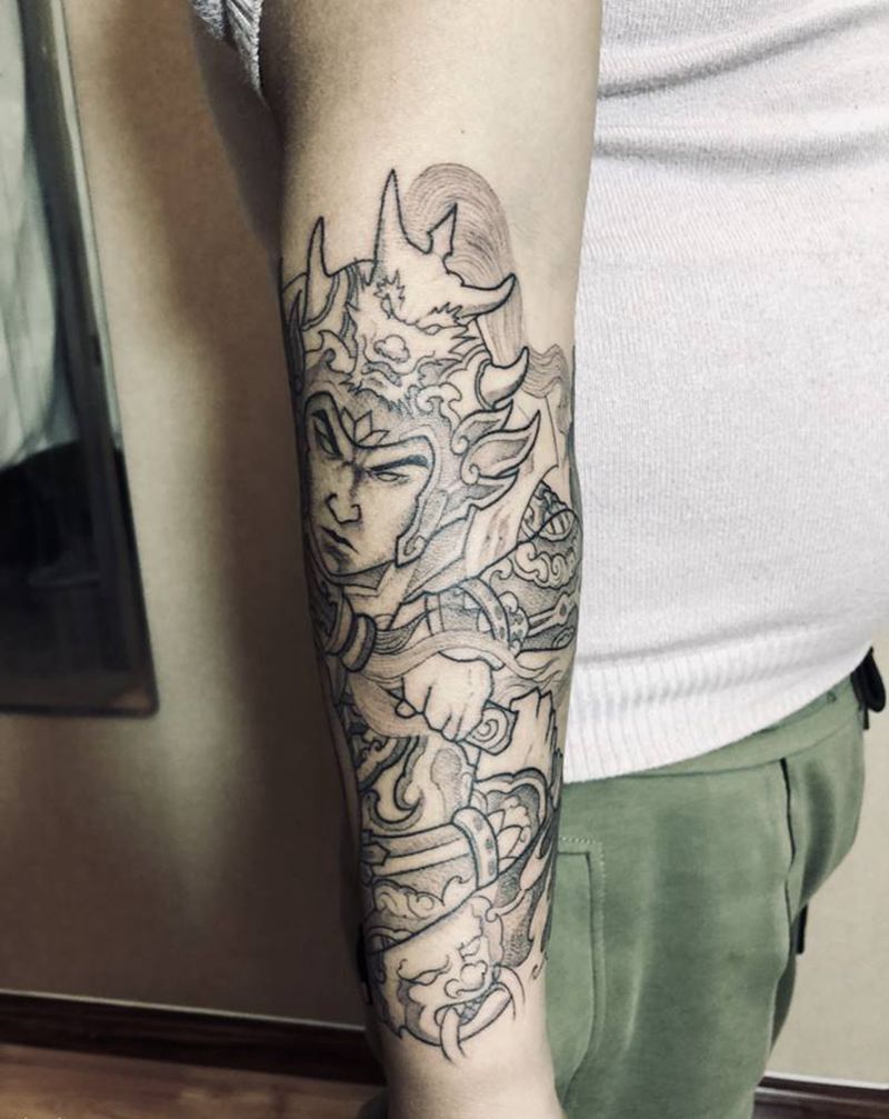 赵云纹身图片_手臂新传统点刺赵子龙纹身图案