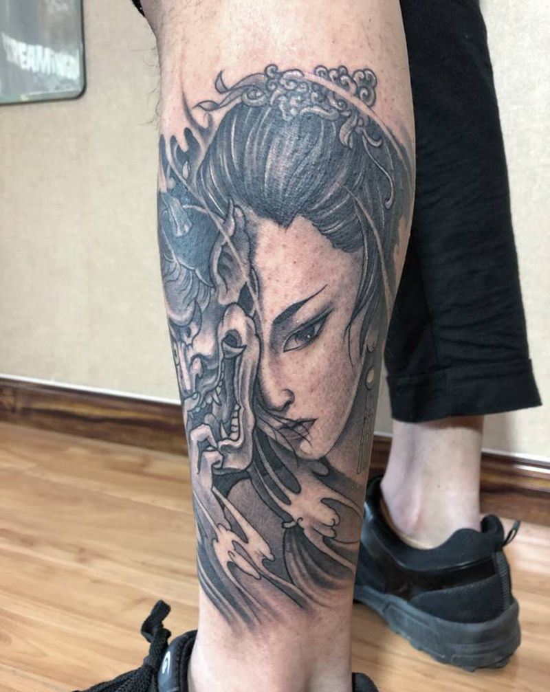 艺妓纹身图片_腿部新传统艺妓纹身图案