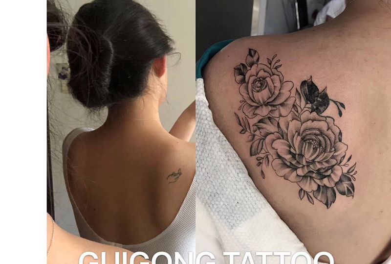 遮盖纹身图片_肩部点刺纹身图案