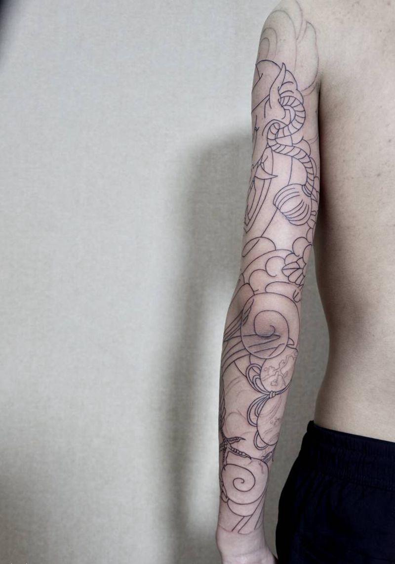 老传统花臂纹身图片_手臂老传统般若鹰牡丹纹身图案