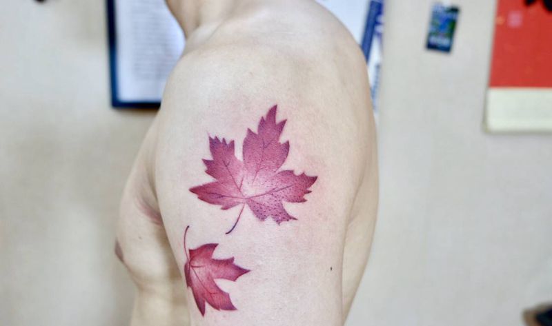 枫叶纹身图片_手臂肩部新传统水彩枫叶纹身图案