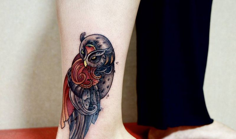 遮盖纹身图片_脚部腿部Old SchoolNew School猫头鹰遮盖纹身图案