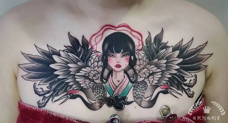 仙鹤花胸纹身图片_胸部新传统纹身图案