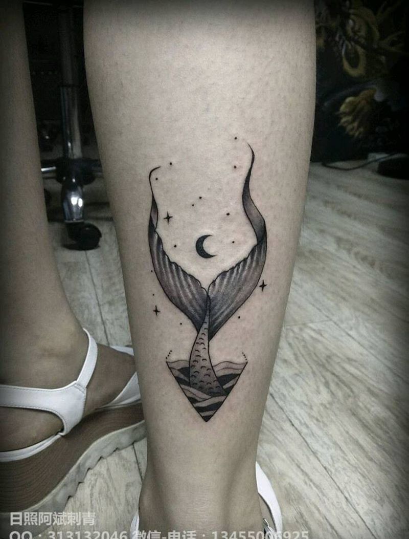 鱼尾纹身图片_腿部清新动物成品纹身图案