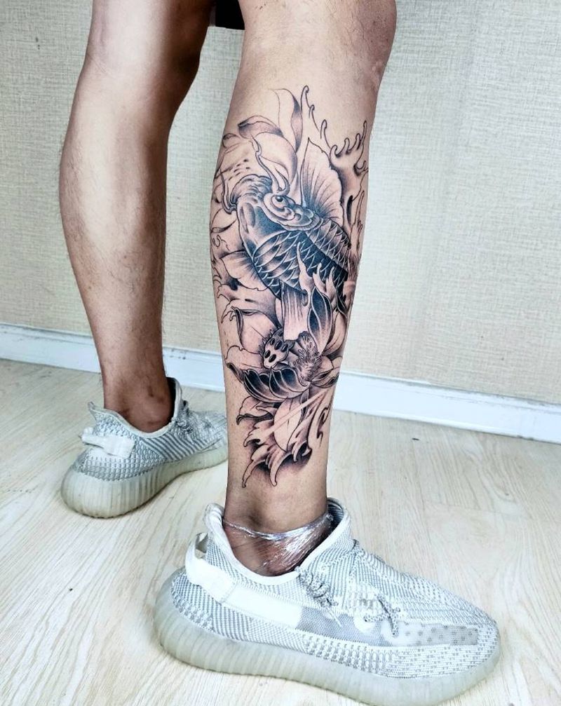 鱼纹身图片_腿部新传统纹身图案