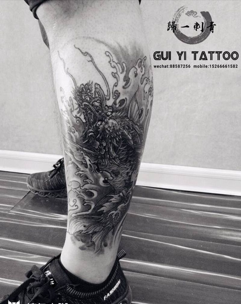 鳌鱼纹身图片_腿部传统成品纹身图案