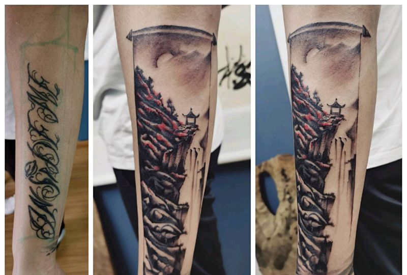 山水画轴纹身图片_手臂水墨纹身图案