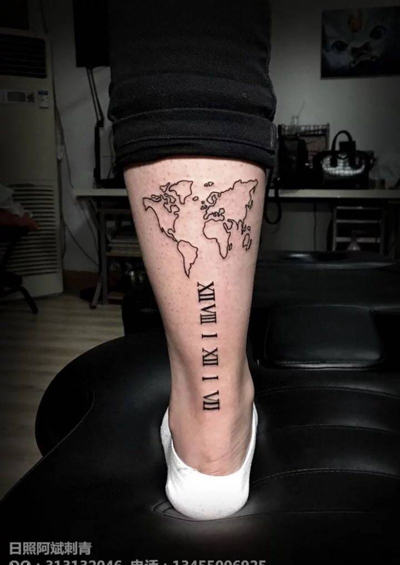 地图纹身图片_成品腿部清新字符纹身图案