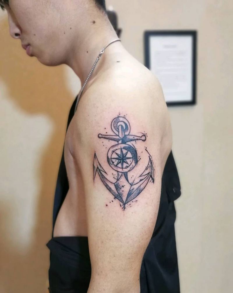 船锚纹身图片_肩部手臂点刺船锚纹身图案