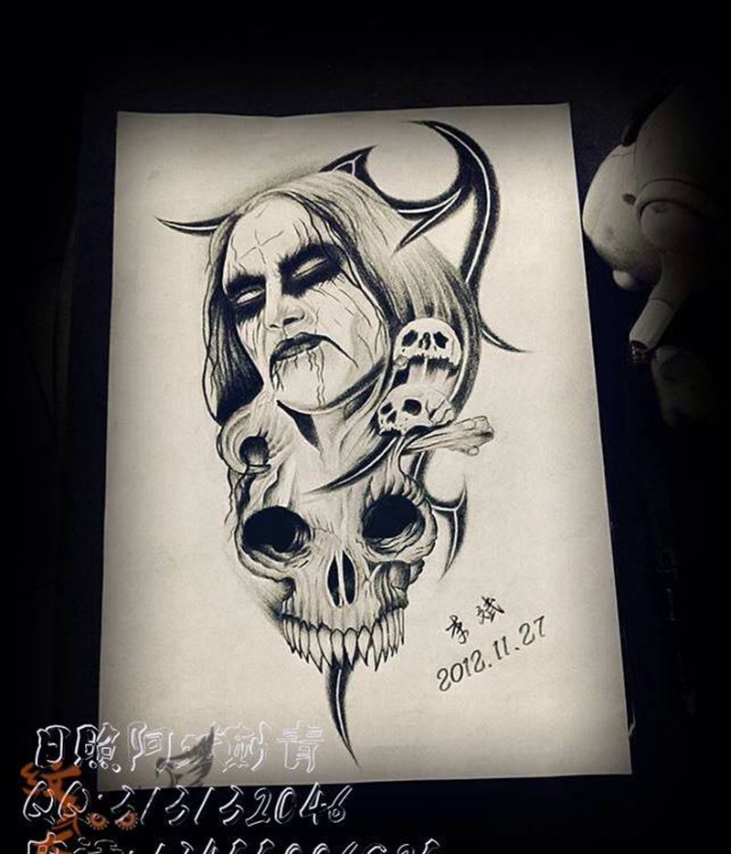 骷髅纹身图片_手稿肩部背部手臂欧美写实人物鬼神纹身图案