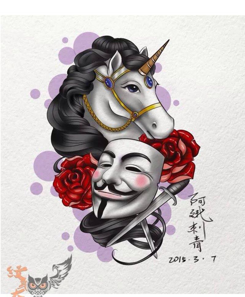 独角兽V子仇杀纹身图片_手稿肩部背部手臂腿部胸部欧美传统人物动物纹身图案