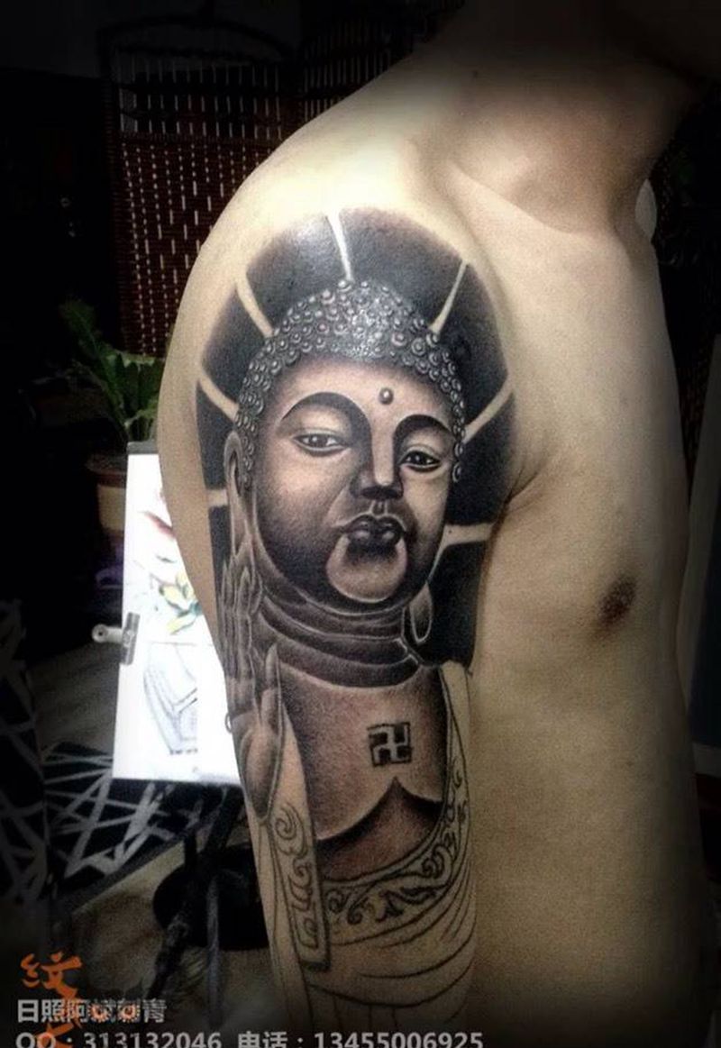 花臂纹身图片_成品手臂传统鬼神动物纹身图案