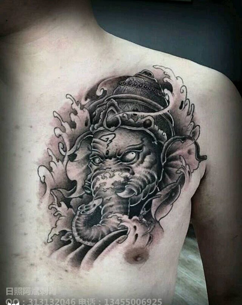 象神纹身图片_胸部传统鬼神成品纹身图案