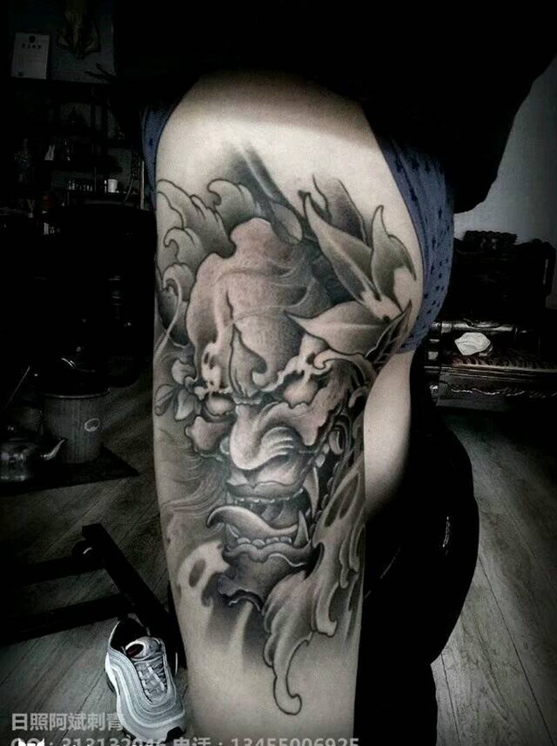 般若纹身图片_腿部传统鬼神成品纹身图案