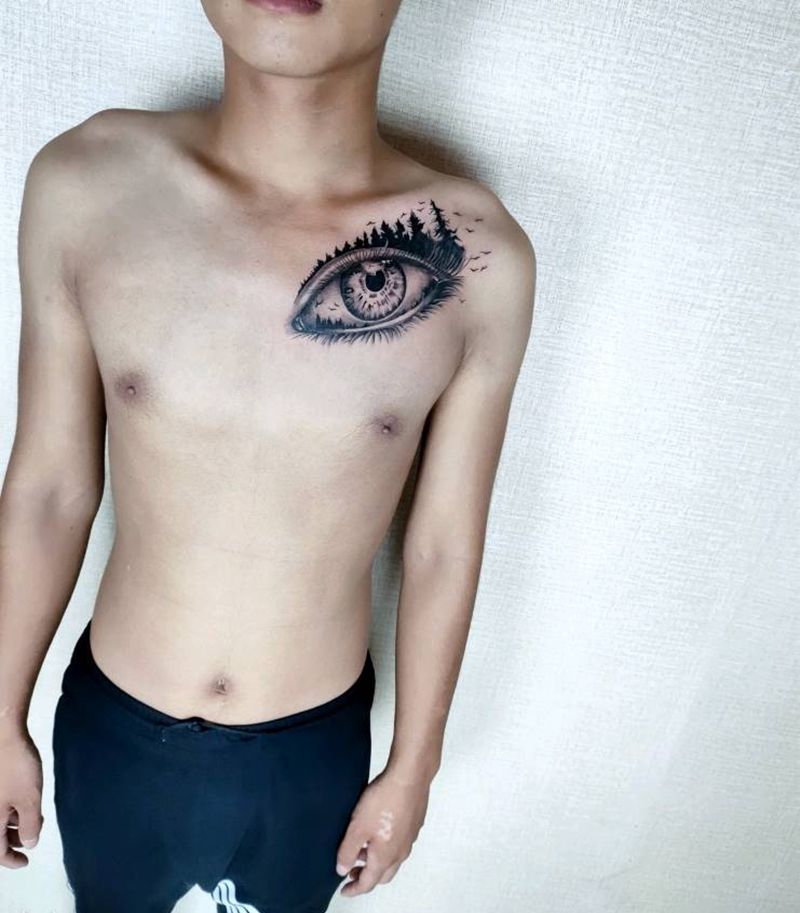 双眼皮纹身图片_胸部欧美写实纹身图案