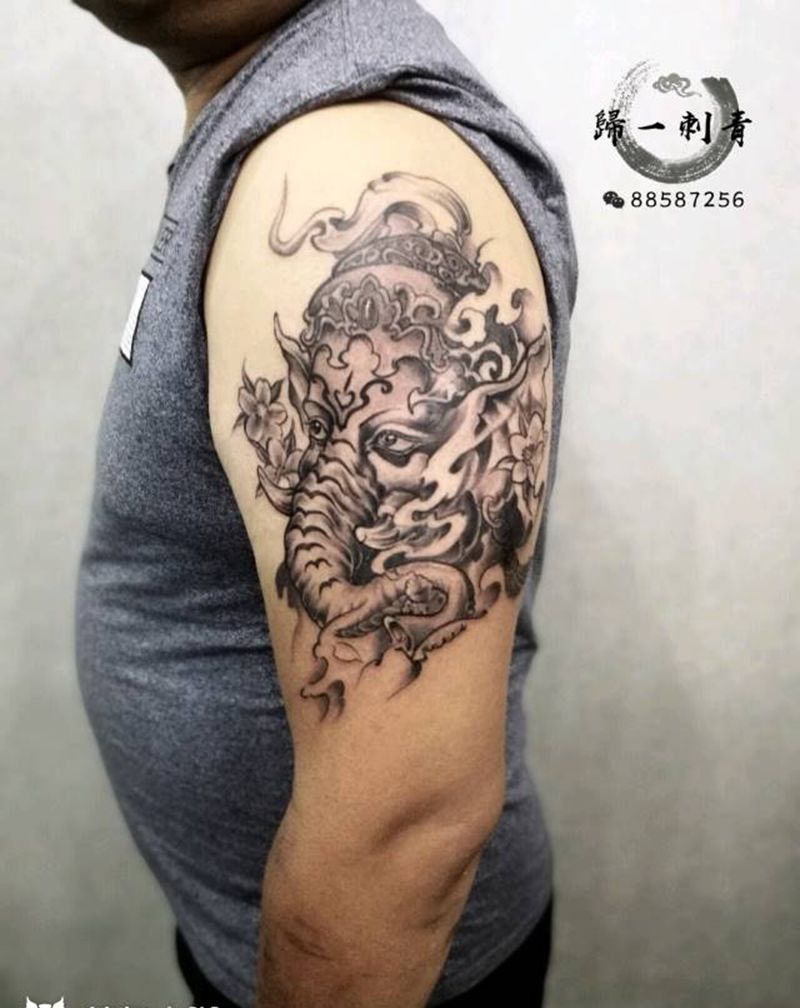 象神纹身图片_手臂传统成品纹身图案