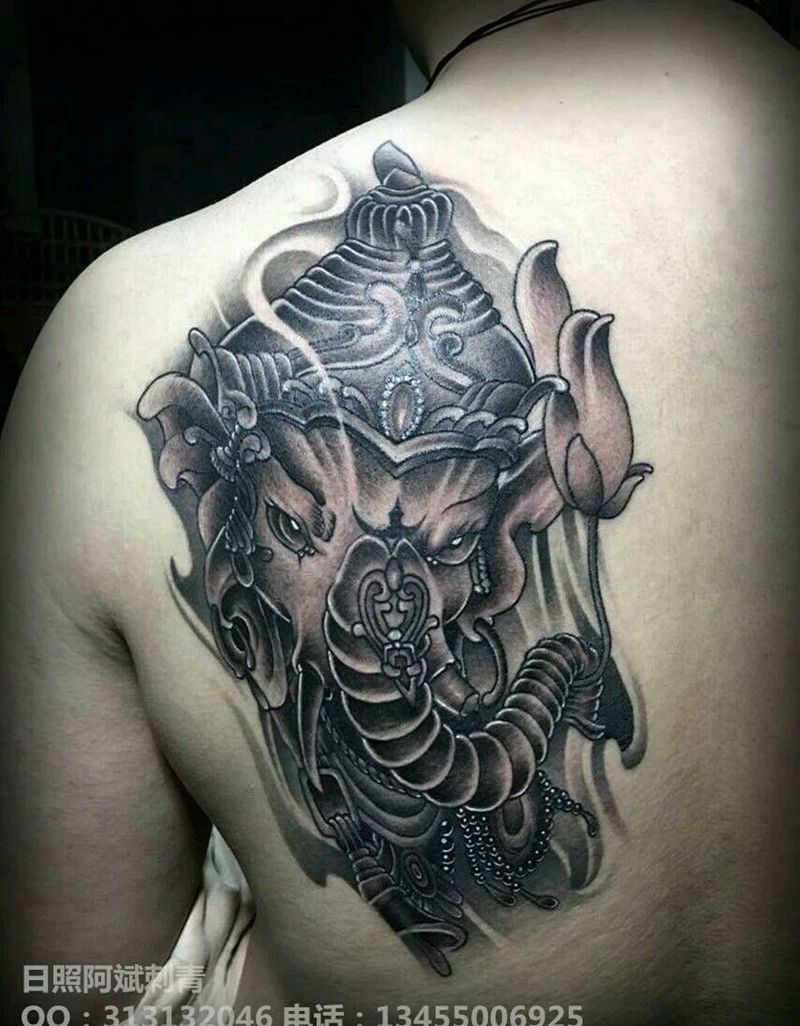 象神纹身图片_肩部传统动物人物宗教成品纹身图案