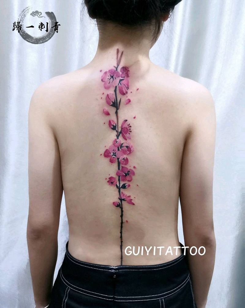 脊柱纹身纹身图片_脊柱 脊椎水彩花纹身图案