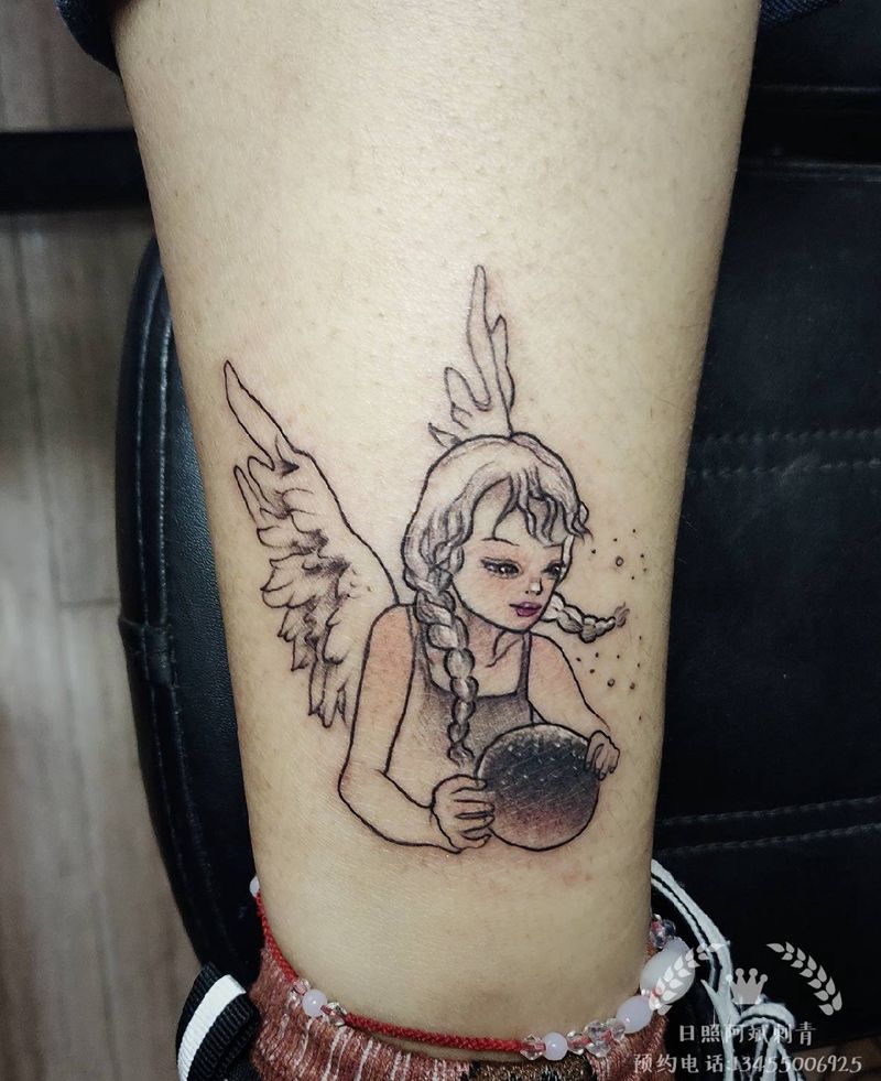精灵纹身图片_腿部新传统纹身图案