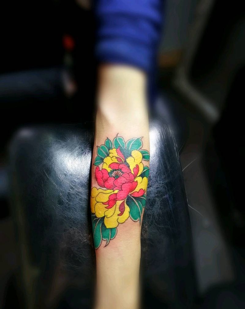 传统彩色牡丹纹身图片