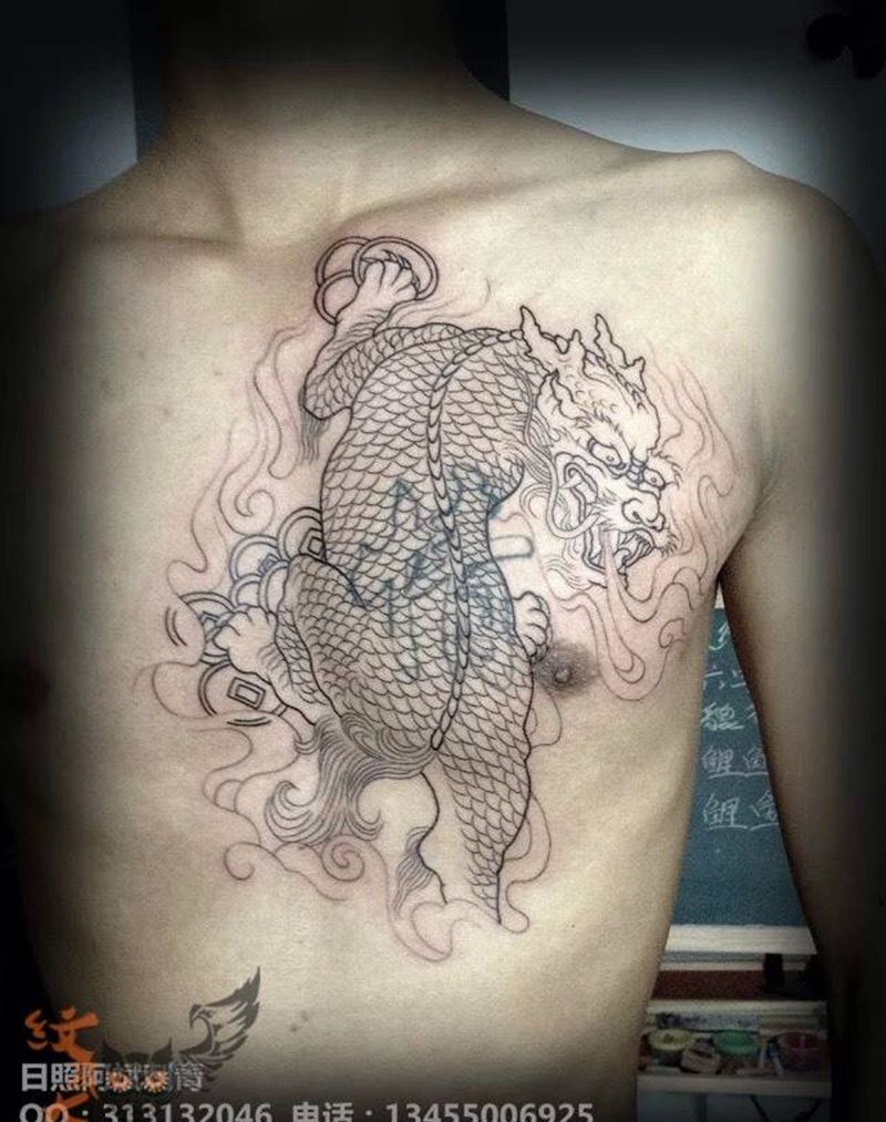 貔貅 线条纹身图片_胸部传统动物纹身图案