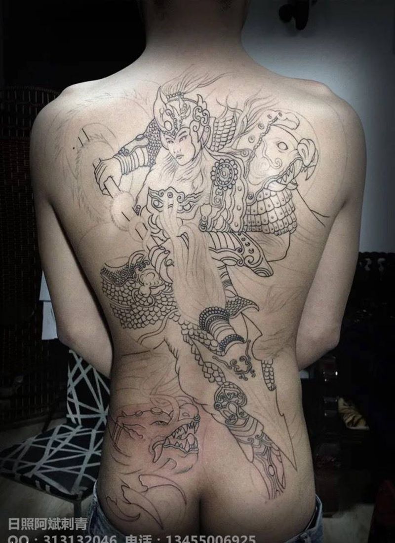 赵子龙纹身图片_背部成品传统人物纹身图案
