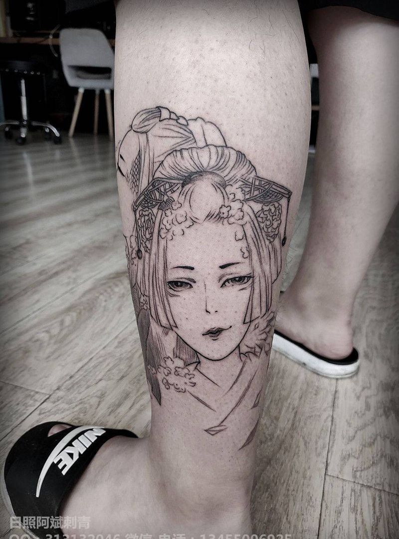 艺妓纹身图片_腿部新传统纹身图案