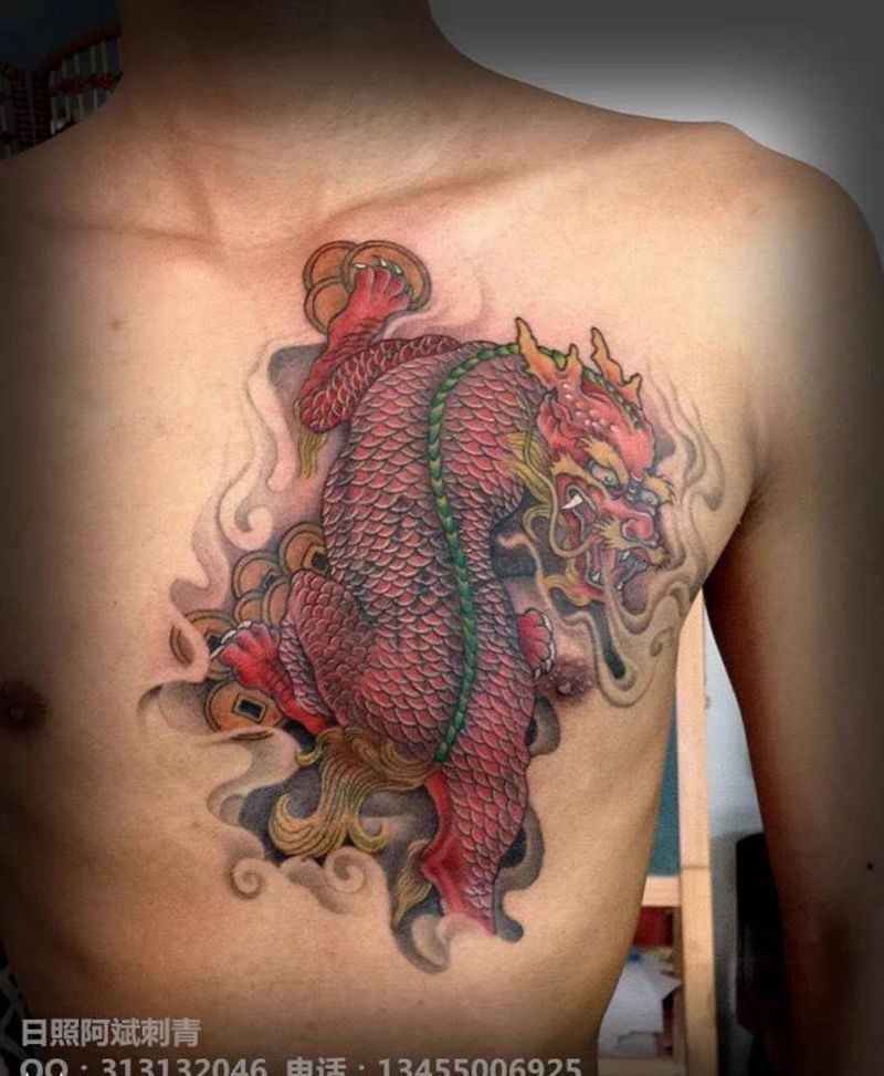 貔貅纹身图片_胸部成品传统动物纹身图案