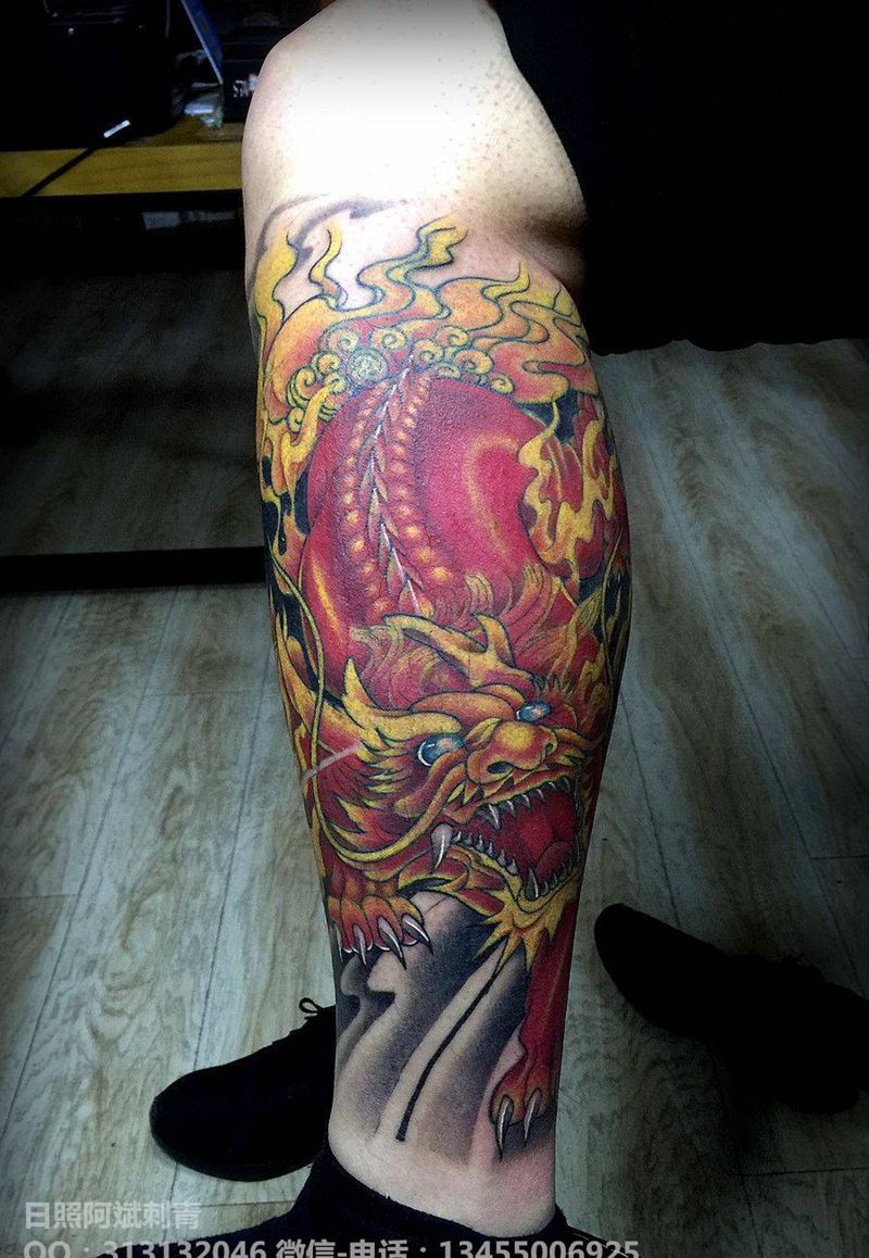 貔貅纹身图片_腿部新传统纹身图案