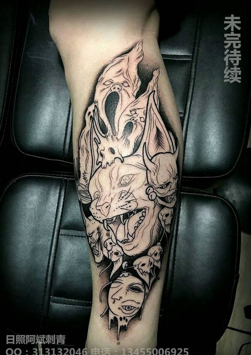 猫纹身图片_腿部欧美传统清新动物成品纹身图案