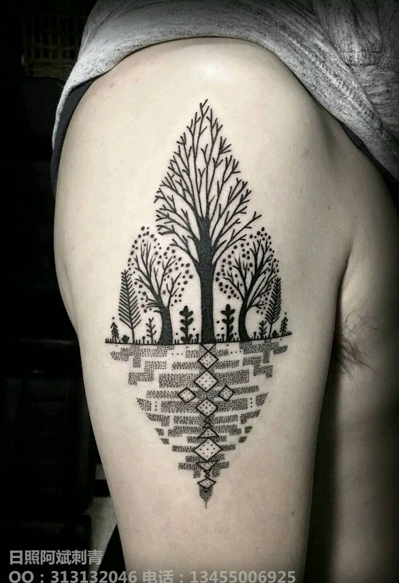 树纹身图片_肩部手臂清新几何植物静物成品纹身图案