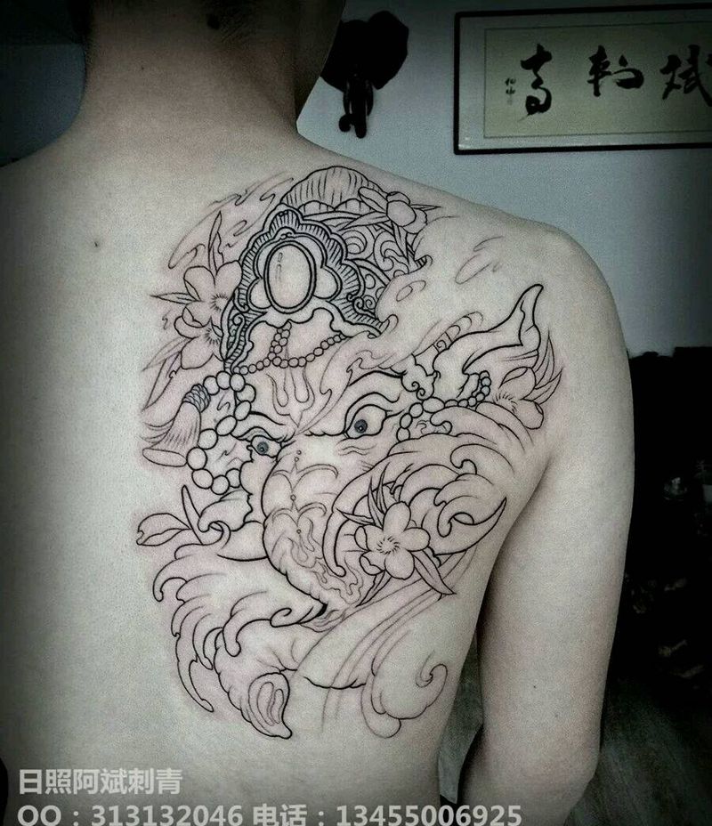 象神纹身图片_肩部传统鬼神成品纹身图案