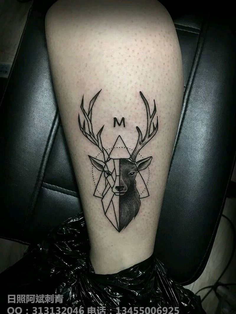 鹿纹身图片_腿部欧美传统几何动物成品纹身图案