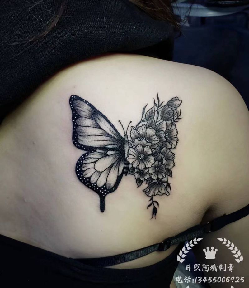 蝴蝶纹身图片_肩部新传统纹身图案