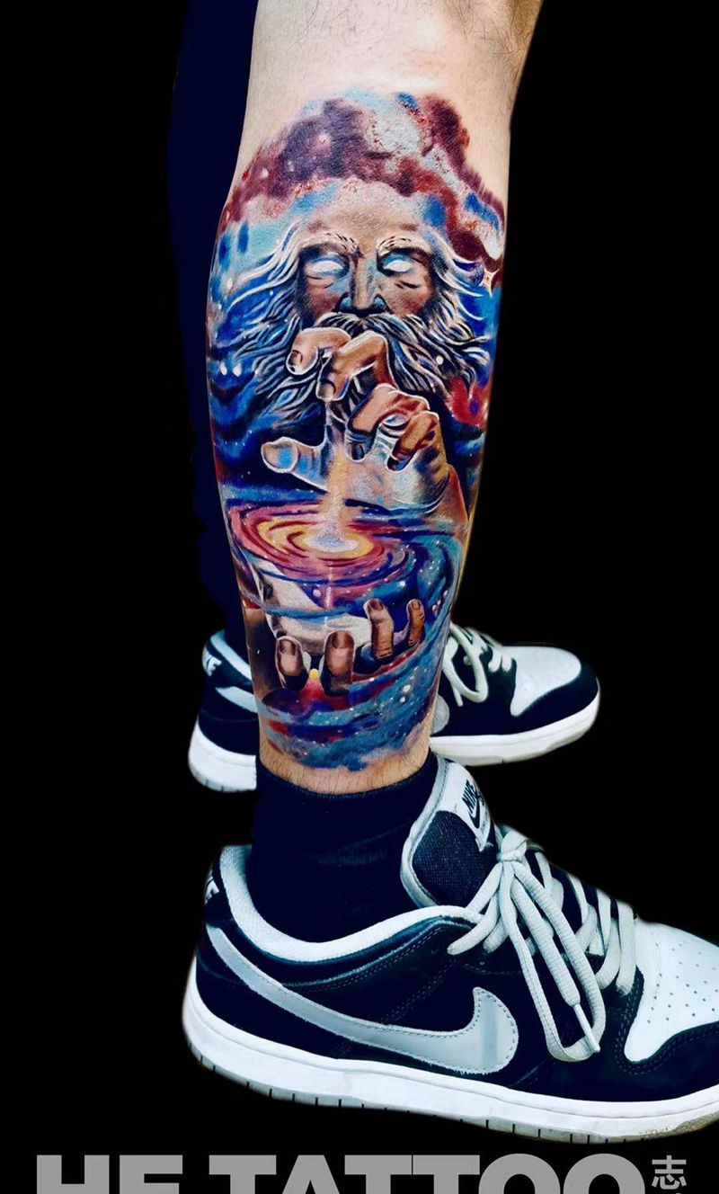 彩色写实纹身图片_腿部欧美写实纹身图案