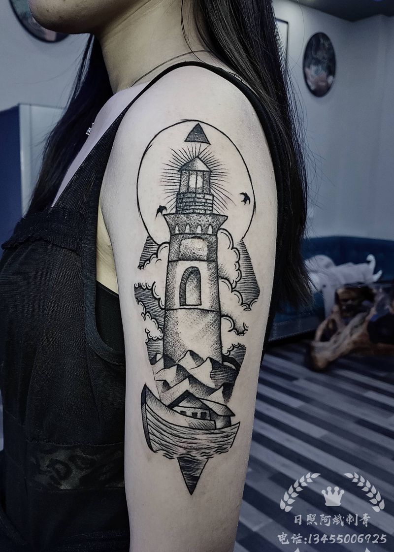 灯塔纹身图片_手臂新传统纹身图案