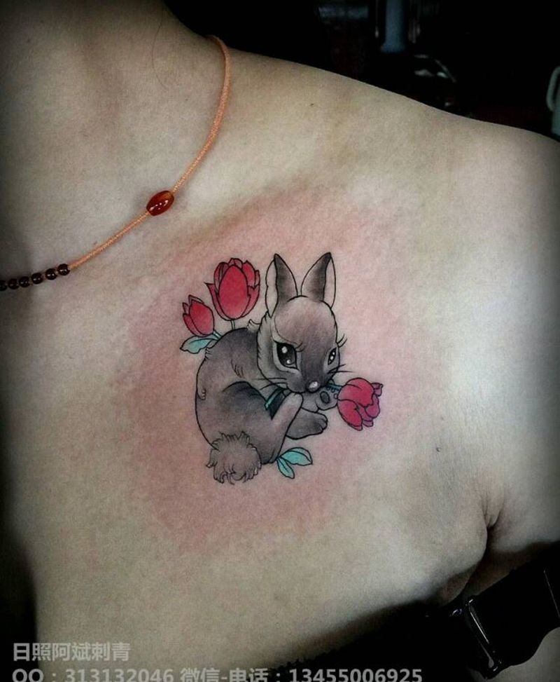 兔子纹身图片_胸部清新动物植物成品纹身图案