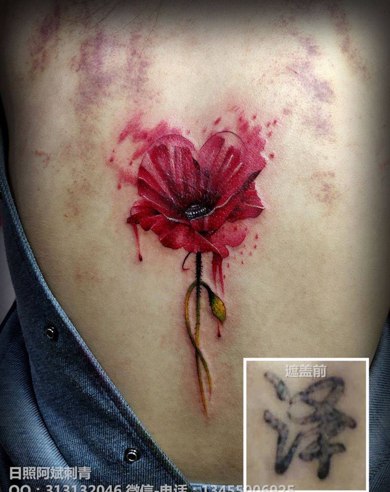 罂粟花纹身图片_背部新传统纹身图案