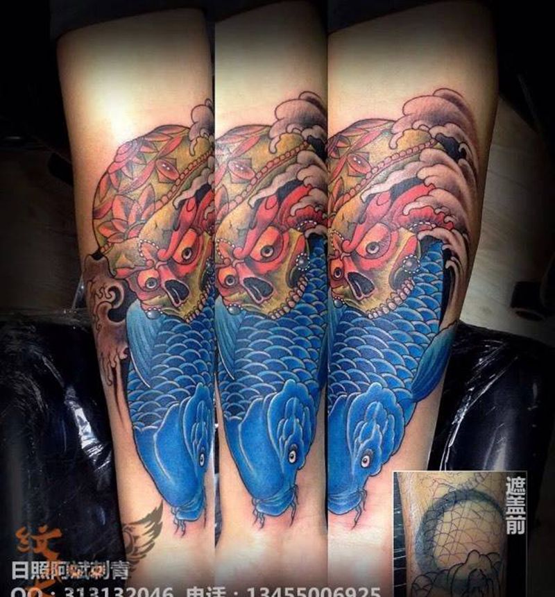 鲤鱼 嘎巴拉纹身图片_手臂成品传统动物纹身图案