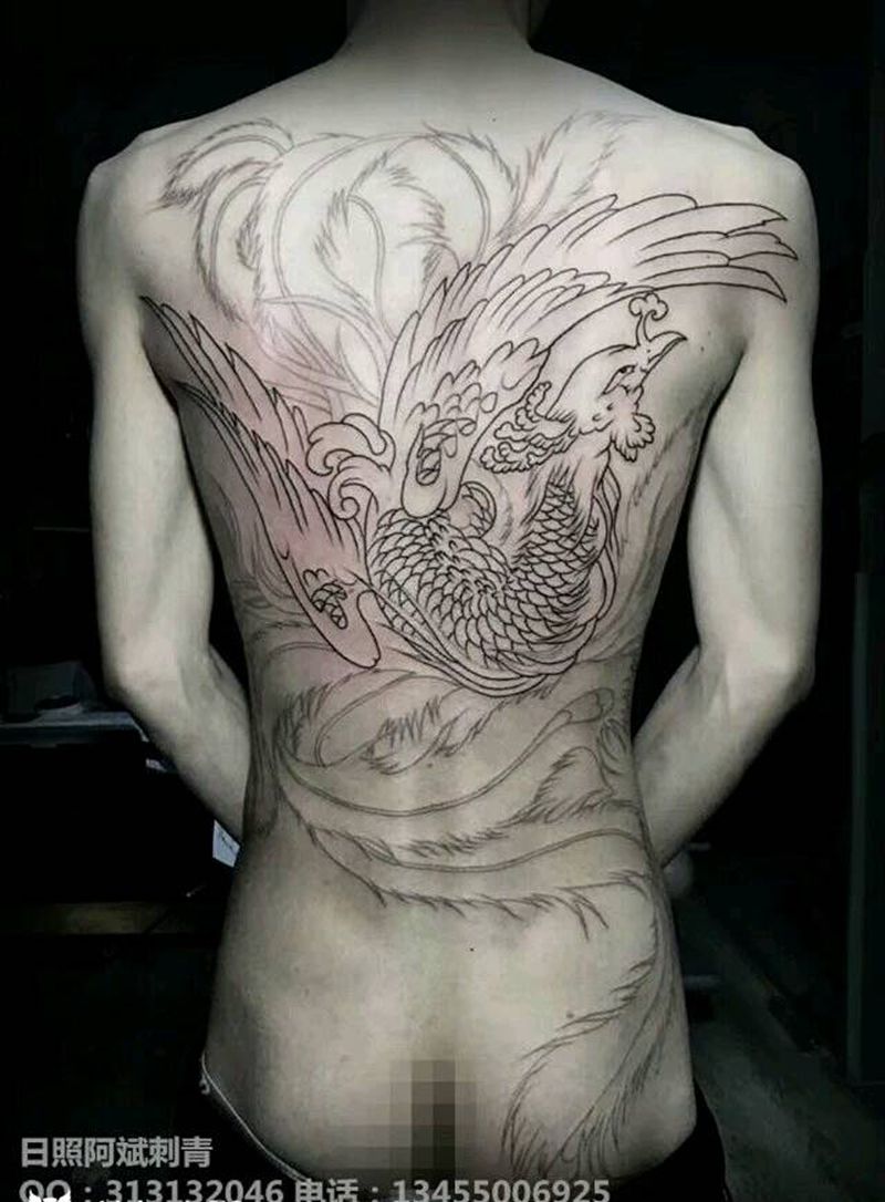 凤凰未完成纹身图片_背部传统动物成品纹身图案
