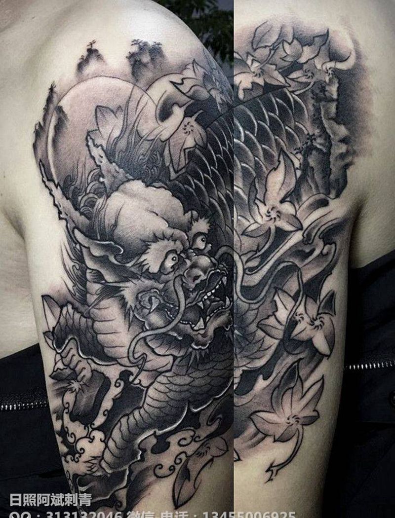 麒麟纹身图片_肩部新传统纹身图案