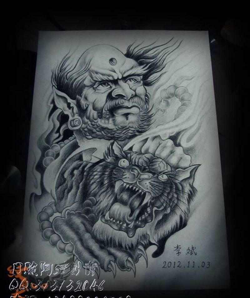 伏虎罗汉纹身图片_手稿肩部背部手臂传统肖像写实人物动物纹身图案