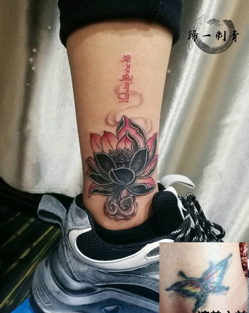 莲花，遮盖作品纹身图片_脚部腿部莲花 遮盖纹身图案