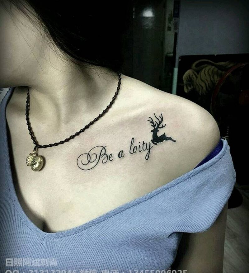 英文+图腾鹿纹身图片_胸部清新字符动物成品纹身图案