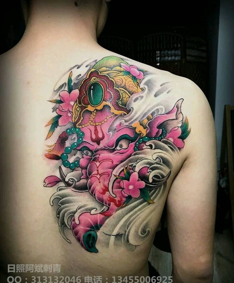 象财神纹身图片_背部传统动物人物宗教成品纹身图案