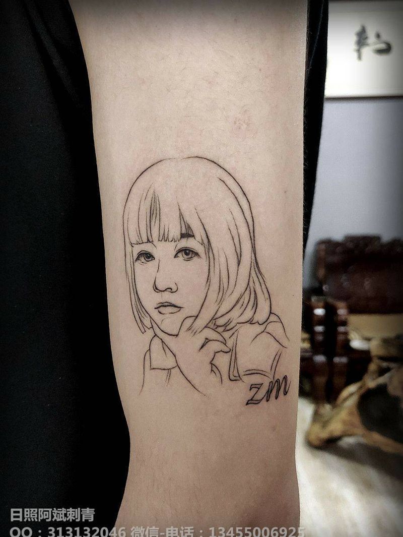 线描头像纹身图片_手臂新传统纹身图案